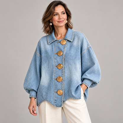 Boho Textured Denim Jacket - Loose Fit Lantern Sleeve Jacket with Oversized Gold Buttons