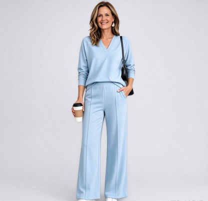 The Tailored V-Neck & Pintuck Wide-Leg Two-Piece Commuter Set