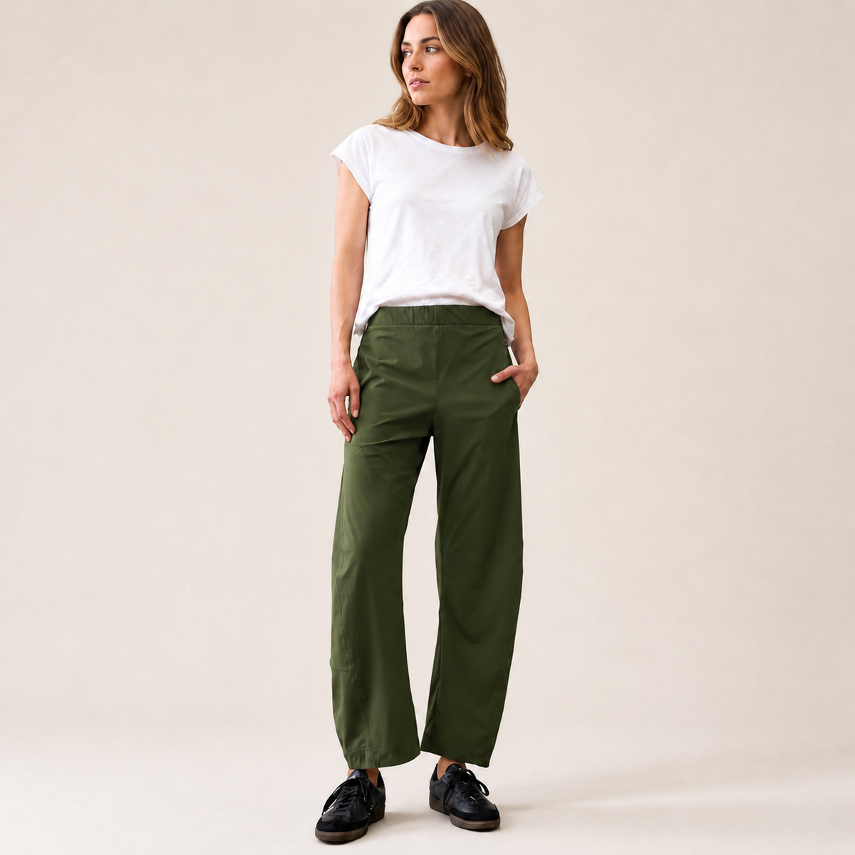 Women's Mid Rise Barrel Leg Pants, Elastic Waist Baggy Casual Trousers with Pockets