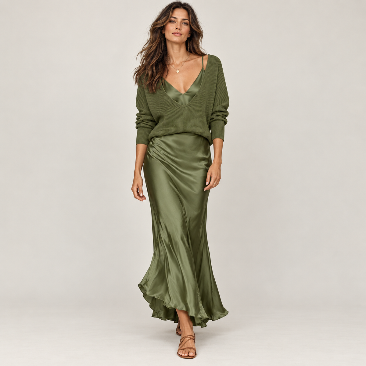 The 2-Piece Satin & Knit Midi Set | V-Neck Pullover & Slip Dress