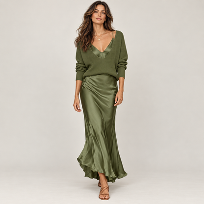The 2-Piece Satin & Knit Midi Set | V-Neck Pullover & Slip Dress