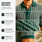 Men’s Vintage Striped Knit Polo Shirt – Retro Button-Front Short Sleeve Top