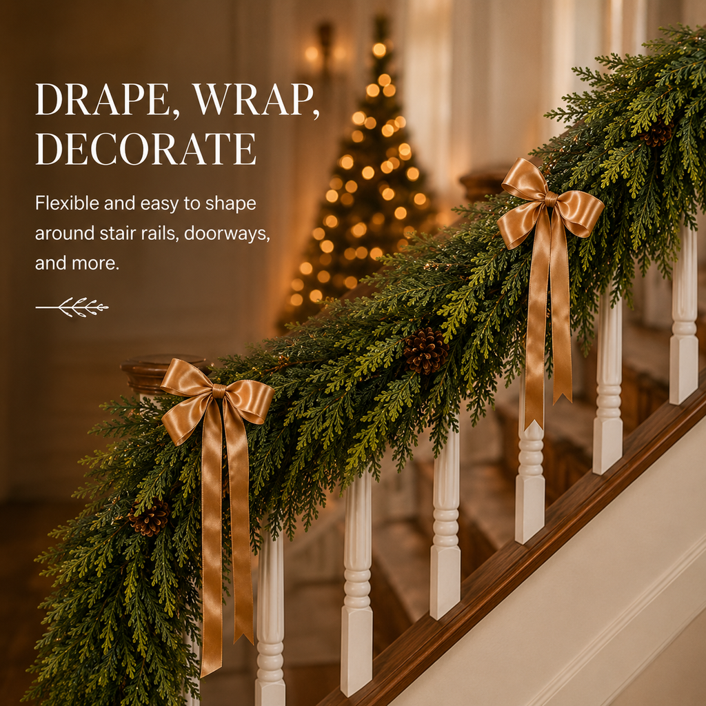 6ft Artificial Cedar Garland – Extra-Full Winter Greenery Pine Wreath