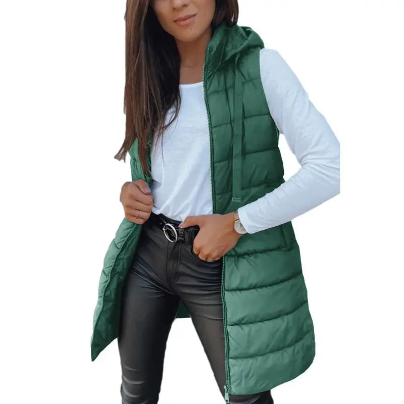 Hooded Long Puffer Vest Without the Bulk