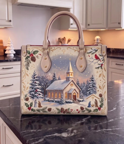 Christmas-Themed Holiday Handbag - Large Capacity, Made of Leather