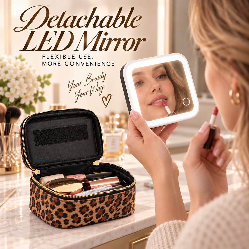 Portable Leopard Print Makeup Bag with Mirror and Light for Women
