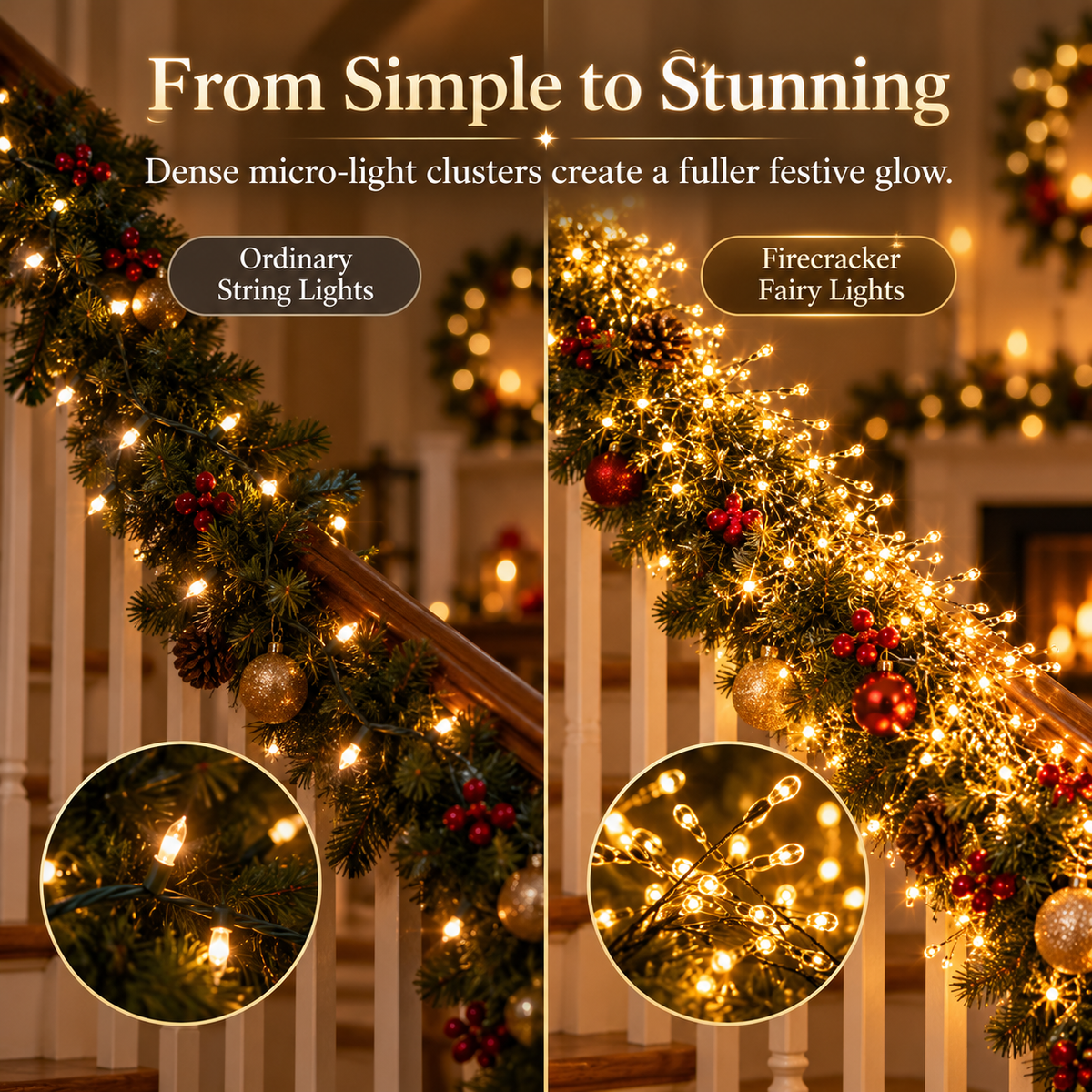 LED Firecracker Fairy String Lights, 65.6ft 600 LEDs / 164ft 1500 LEDs, USB Powered with Storage Reel