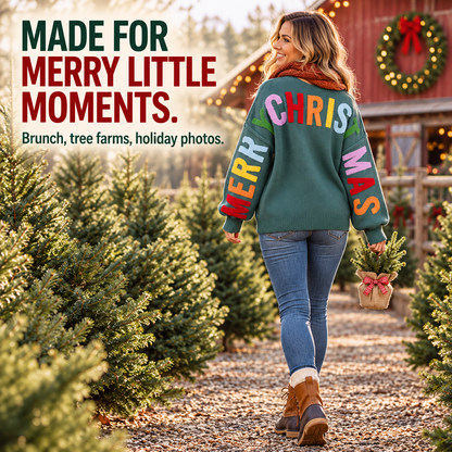 🎄 Women's Oversized Christmas Sweater – Colorful Chenille HO HO HO & MERRY CHRISTMAS Graphic Knit Pullover