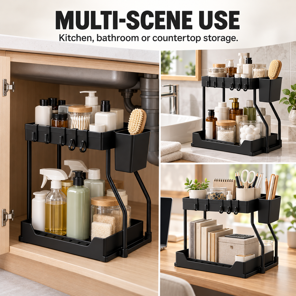 2-Tier Pull-Out Under-Sink Organizer with Hooks &amp; Side Basket