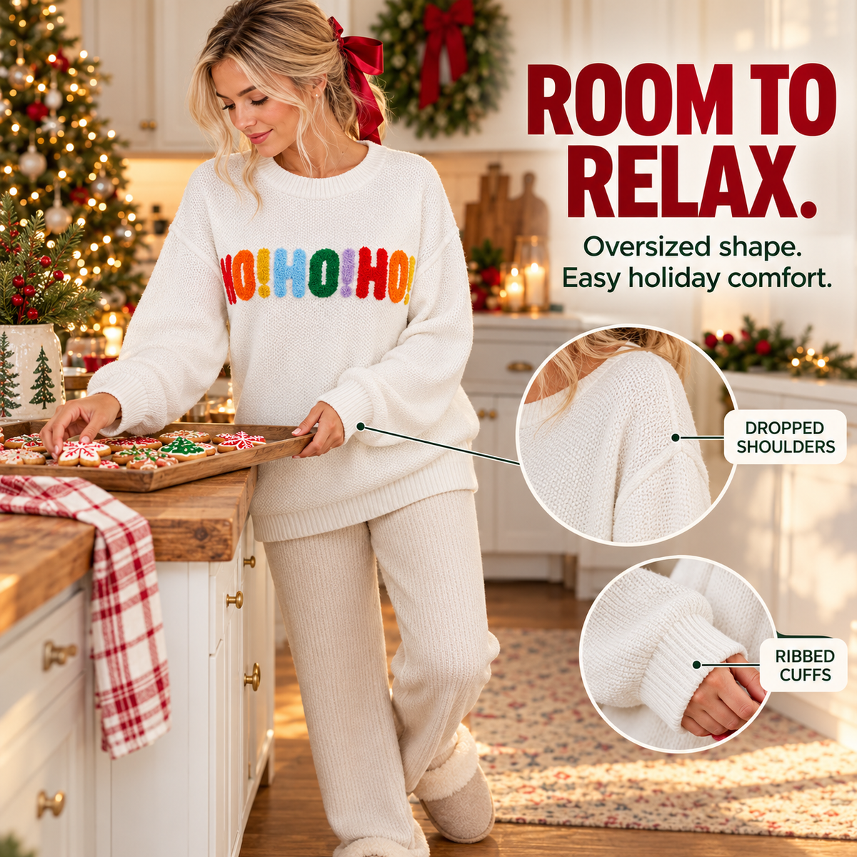 🎄 Women's Oversized Christmas Sweater – Colorful Chenille HO HO HO & MERRY CHRISTMAS Graphic Knit Pullover