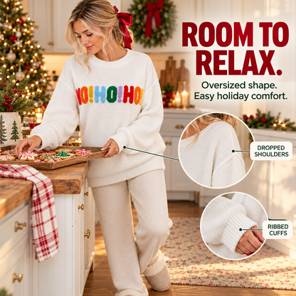 🎄 Women's Oversized Christmas Sweater – Colorful Chenille HO HO HO & MERRY CHRISTMAS Graphic Knit Pullover