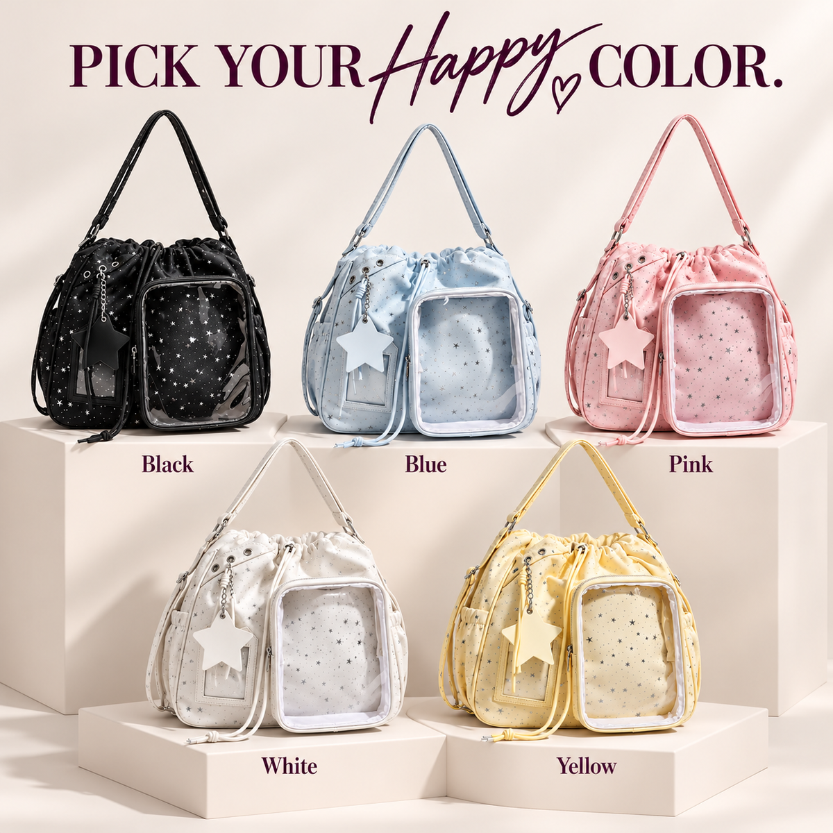 ✨ Star-Embossed Ita Bag | Convertible Drawstring Backpack & Shoulder Bag with Clear Window 🎒
