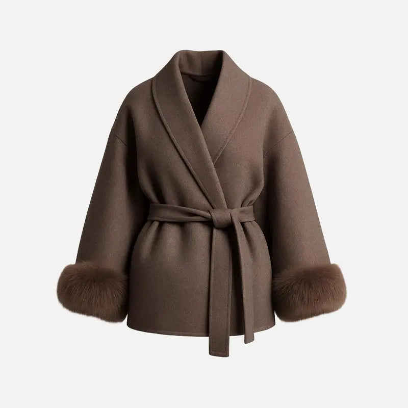 Women's Luxury Plush-Cuff Belted Wrap Coat | Elegant Fall & Winter Thermal Jacket