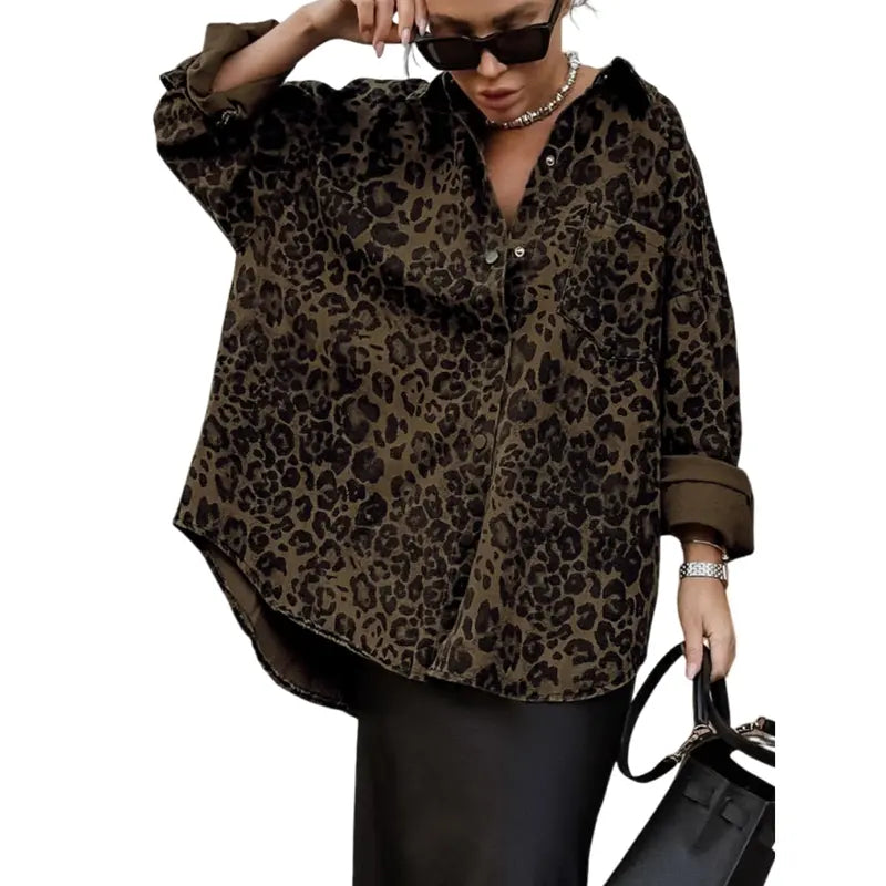 Women's Leopard Print Shacket with Relaxed Button-Down Fit