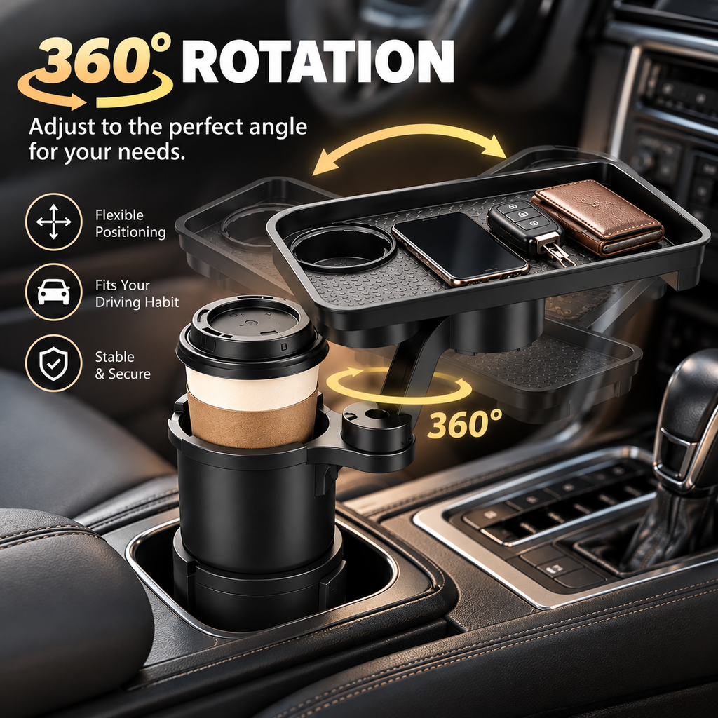 2-in-1 Rotating Car Cup Holder Tray & Console Organizer
