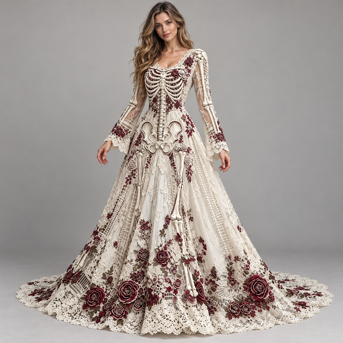 Women’s Gothic Skeleton & Rose Maxi Dress – Vintage Style, Flared Sleeves & Flowing Skirt for Halloween