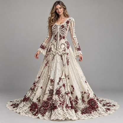 Women’s Gothic Skeleton & Rose Maxi Dress – Vintage Style, Flared Sleeves & Flowing Skirt for Halloween