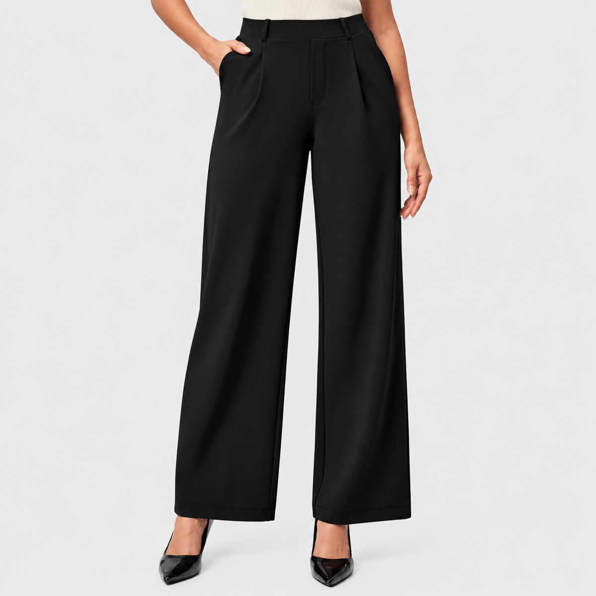 Women’s High-Waisted Wide Leg Work Pants | Stretchy Pull-On Business Casual Slacks with Pockets