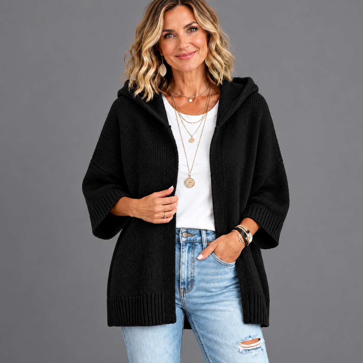 Women’s Hooded Open-Front Knit Cardigan – Relaxed 3/4 Sleeve Sweater