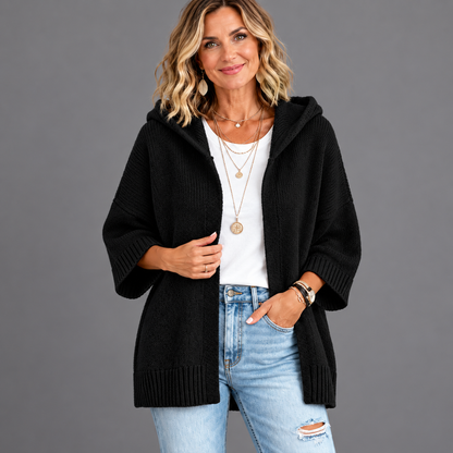 Women’s Hooded Open-Front Knit Cardigan – Relaxed 3/4 Sleeve Sweater
