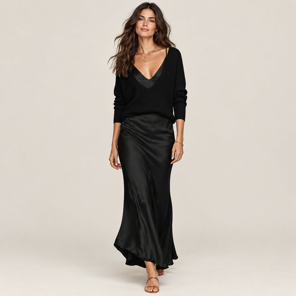 The 2-Piece Satin & Knit Midi Set | V-Neck Pullover & Slip Dress