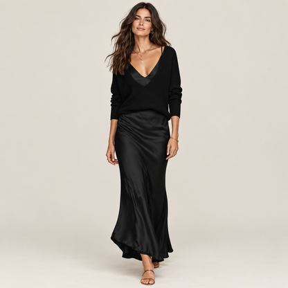 The 2-Piece Satin & Knit Midi Set | V-Neck Pullover & Slip Dress