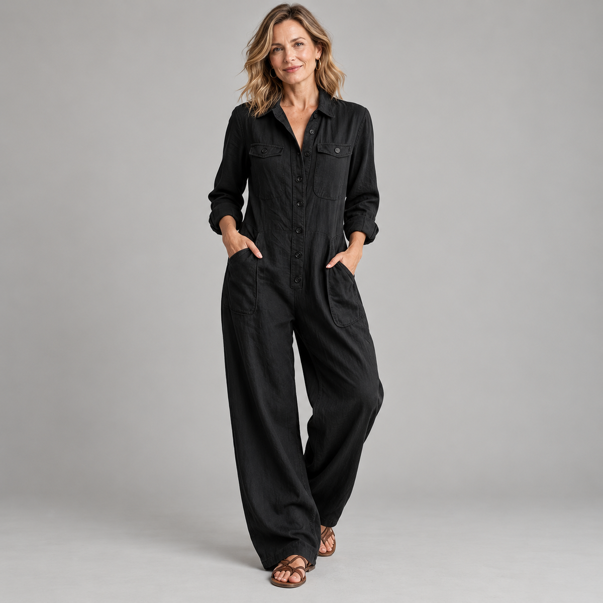 Women's 2026 New French Style Button-Front Full-Length Workwear Jumpsuit