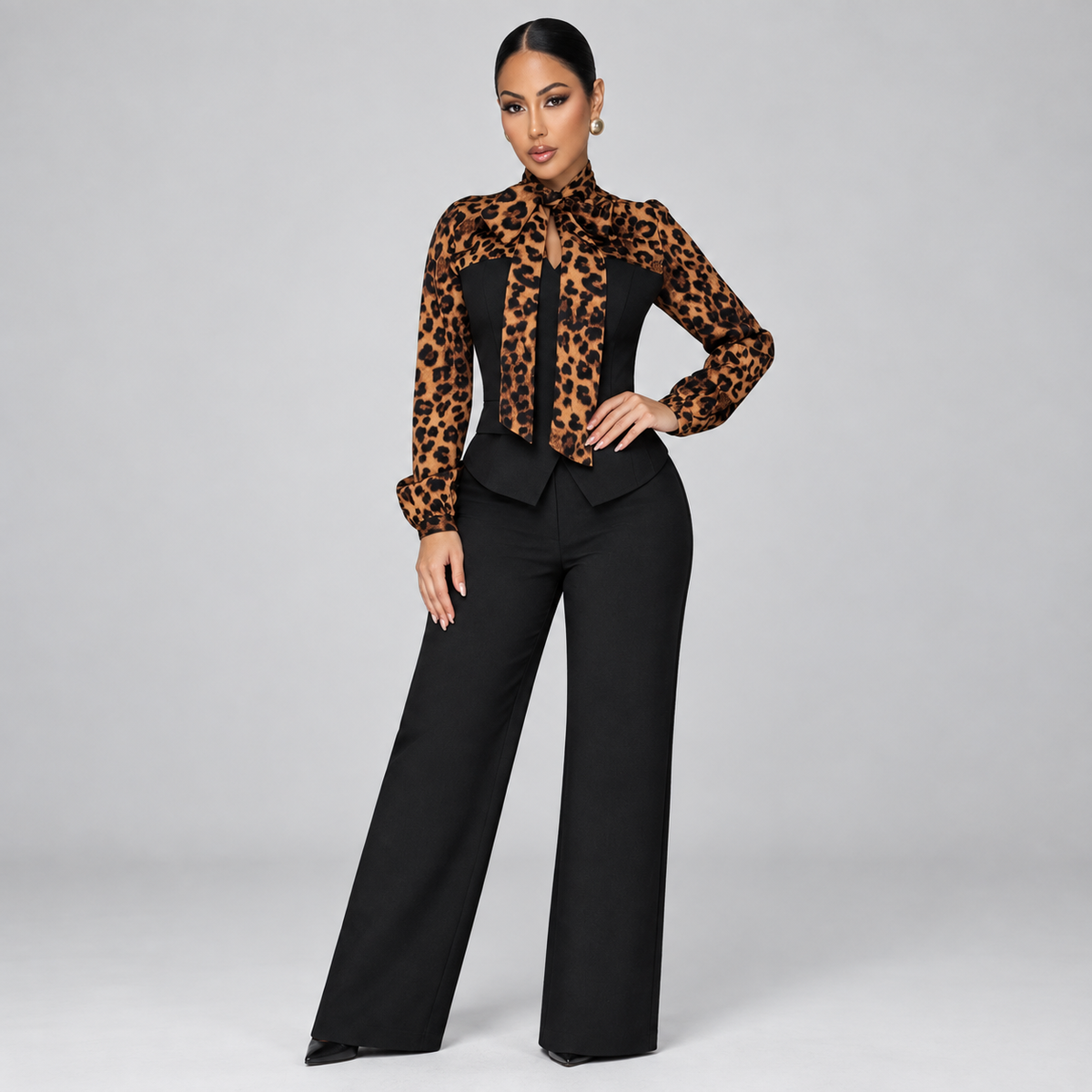 Casual Elegant Leopard Contrast Top & High-Waist Trouser Outfit
