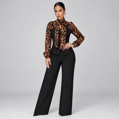 Casual Elegant Leopard Contrast Top & High-Waist Trouser Outfit
