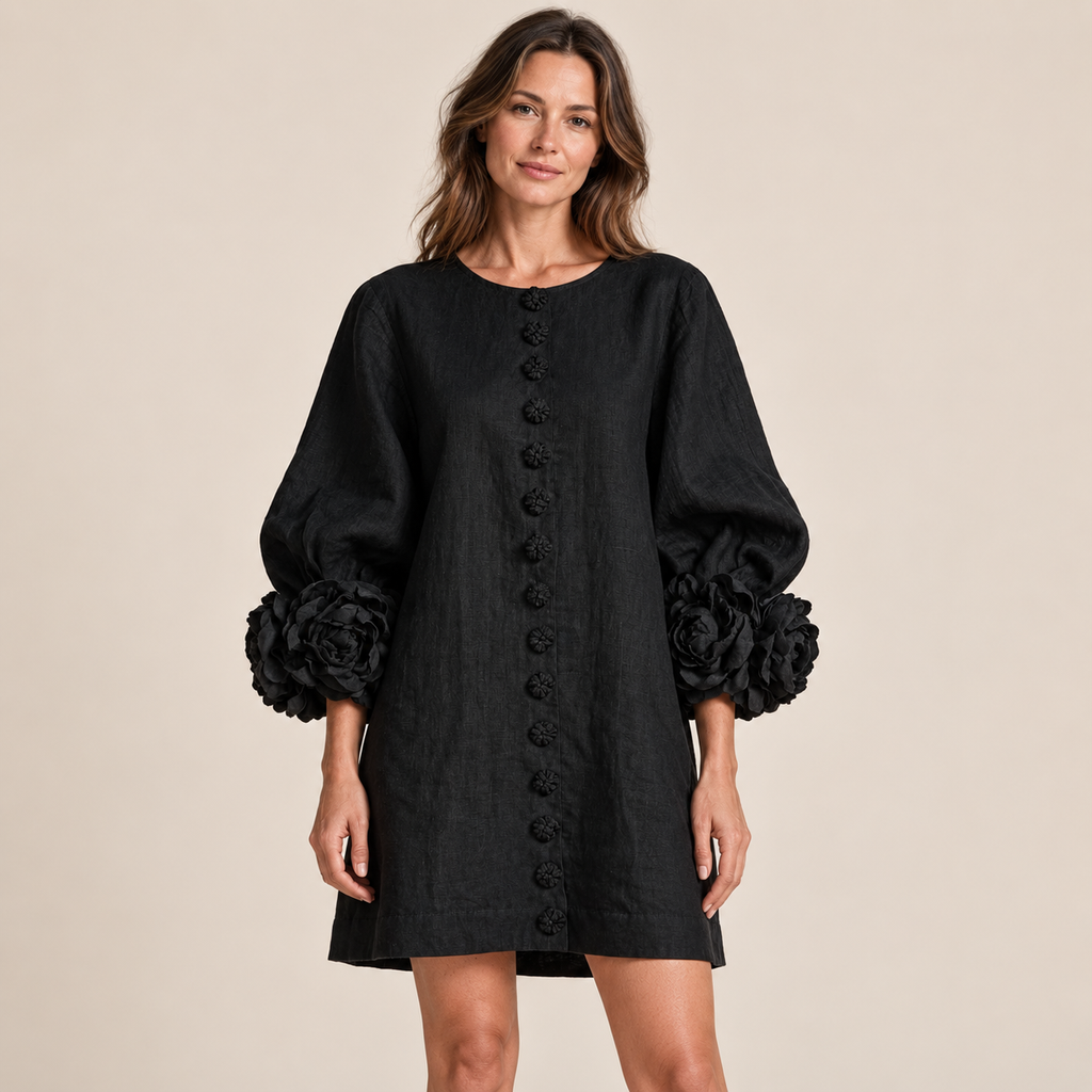 Women's Statement Floral Cuff Mini Dress – Relaxed A-Line Fi
