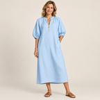 Women’s Casual Zip Neck Balloon Sleeve Maxi Dress with Pockets