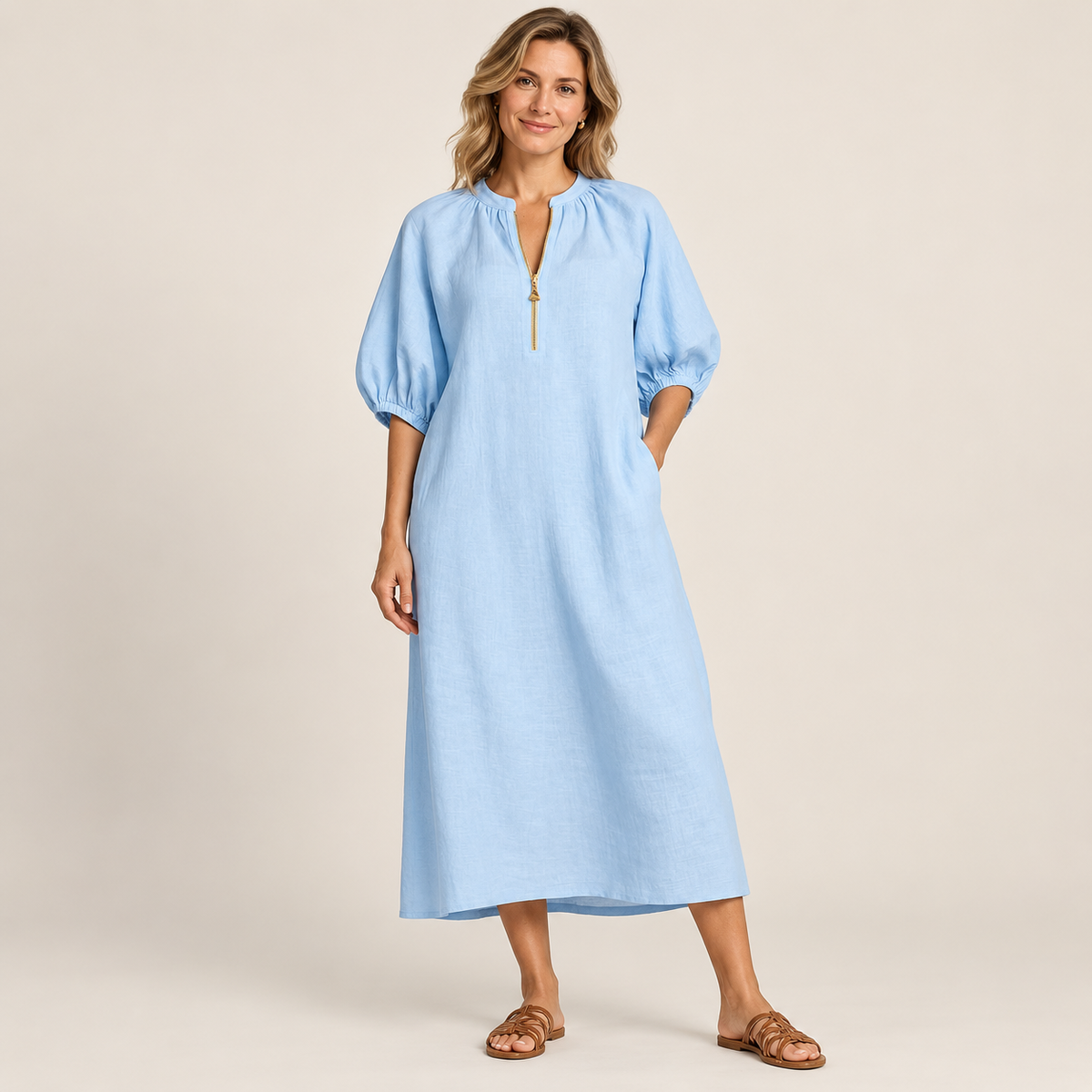 Women’s Casual Zip Neck Balloon Sleeve Maxi Dress with Pockets