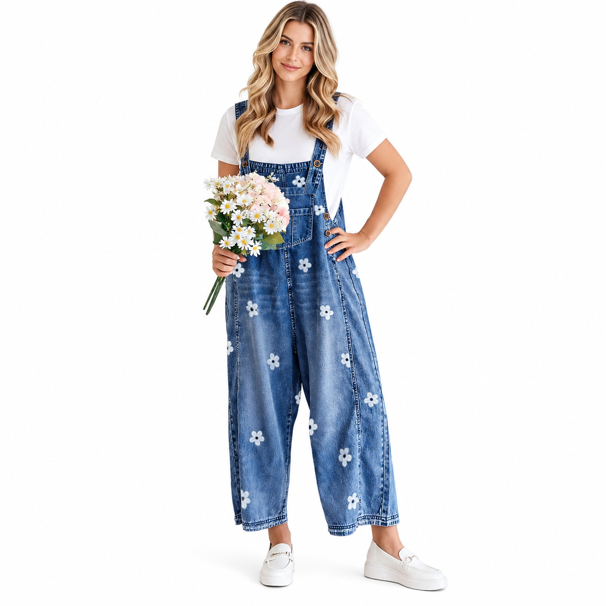 Women's Bib Overalls, Cute Floral Print Denim Jumpsuit with Baggy Wide Leg and Adjustable Straps, Fashion Apparel Chic Pants