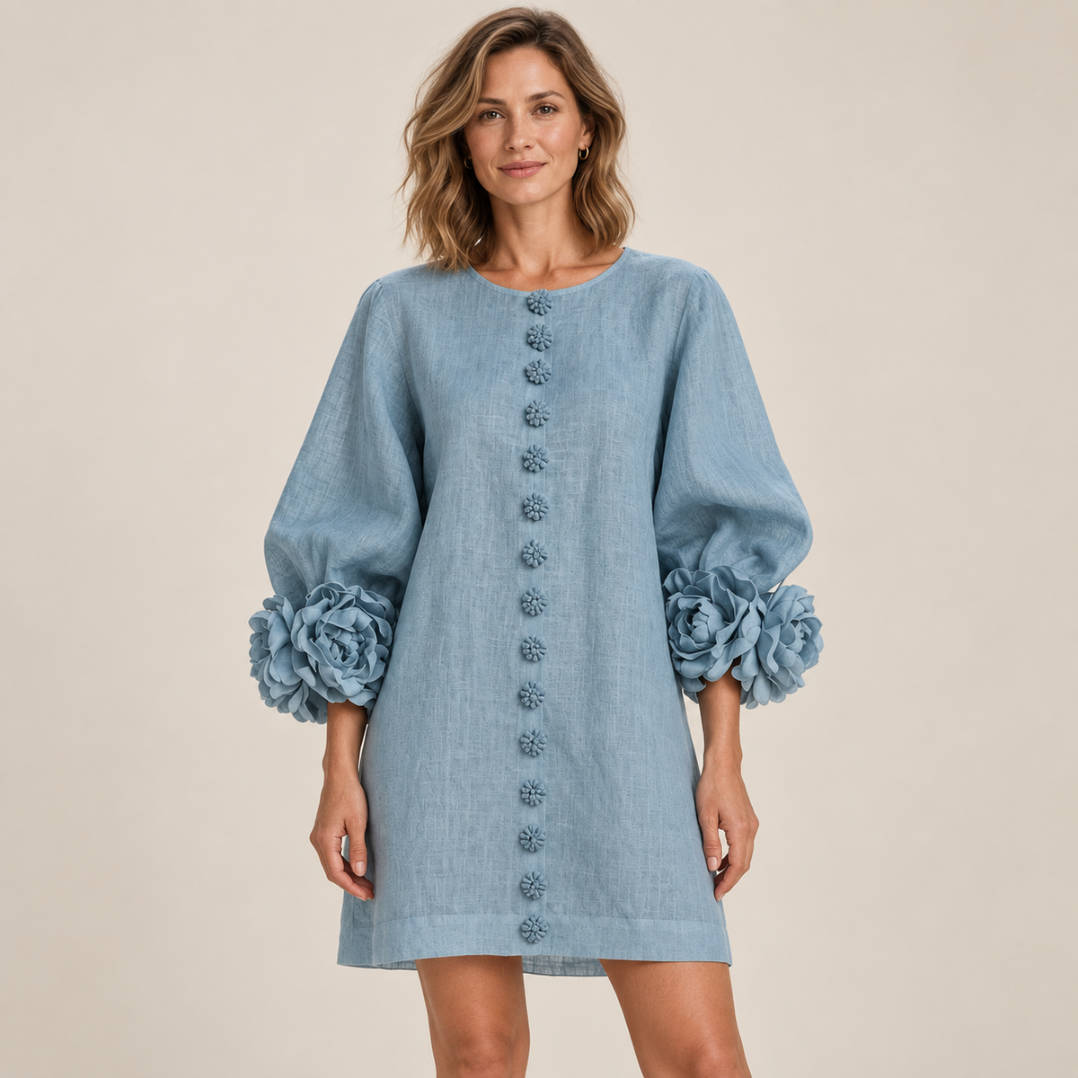Women's Statement Floral Cuff Mini Dress – Relaxed A-Line Fi