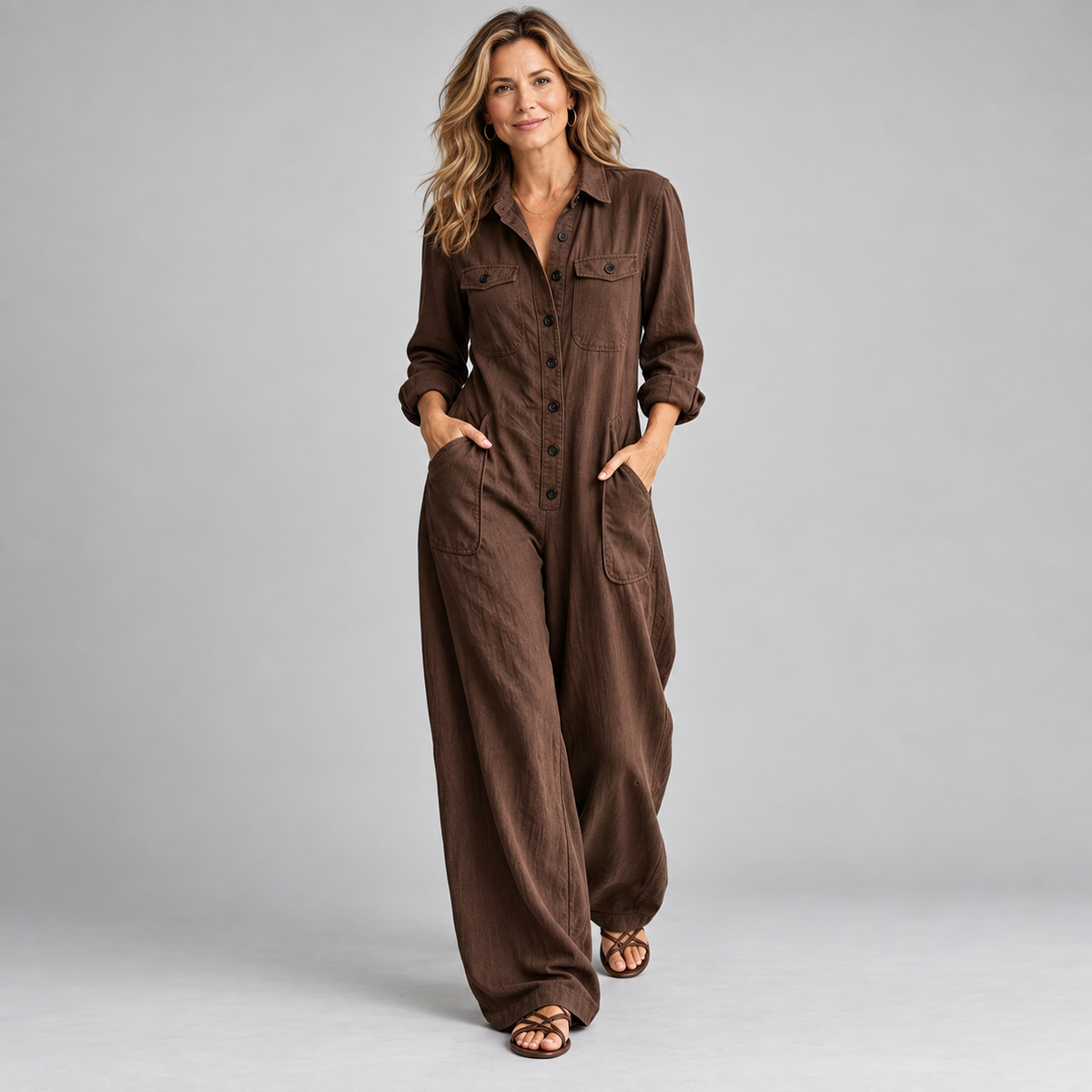 Women's 2026 New French Style Button-Front Full-Length Workwear Jumpsuit