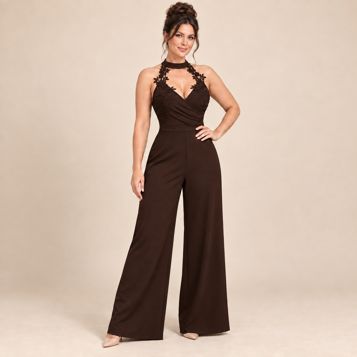 Floral Lace Halter Neck Wide-Leg Jumpsuit for Women | Evening Party & Wedding Guest