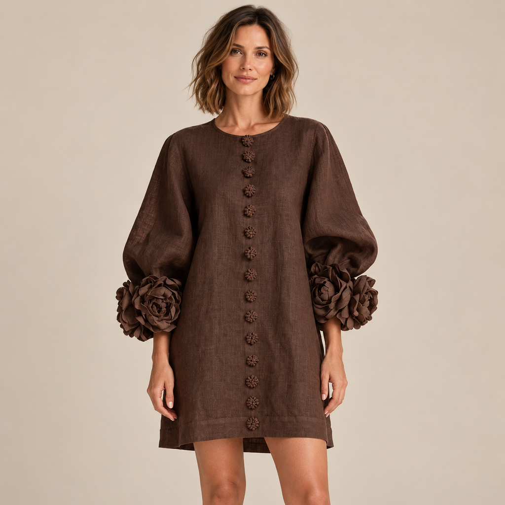 Women's Statement Floral Cuff Mini Dress – Relaxed A-Line Fi
