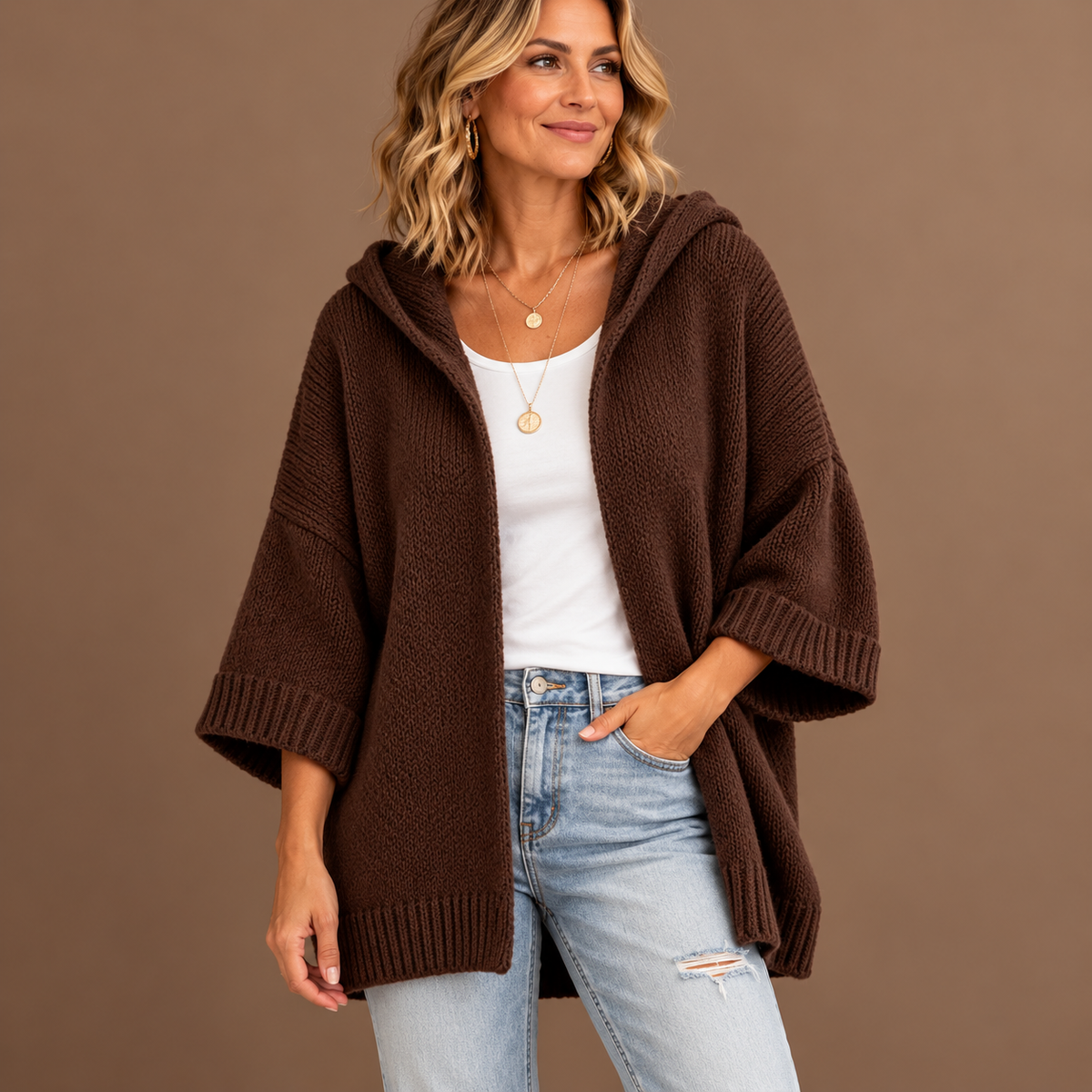 Women’s Hooded Open-Front Knit Cardigan – Relaxed 3/4 Sleeve Sweater