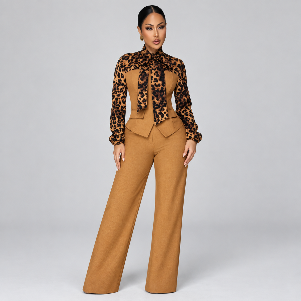 Casual Elegant Leopard Contrast Top & High-Waist Trouser Outfit