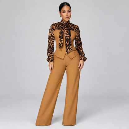 Casual Elegant Leopard Contrast Top & High-Waist Trouser Outfit
