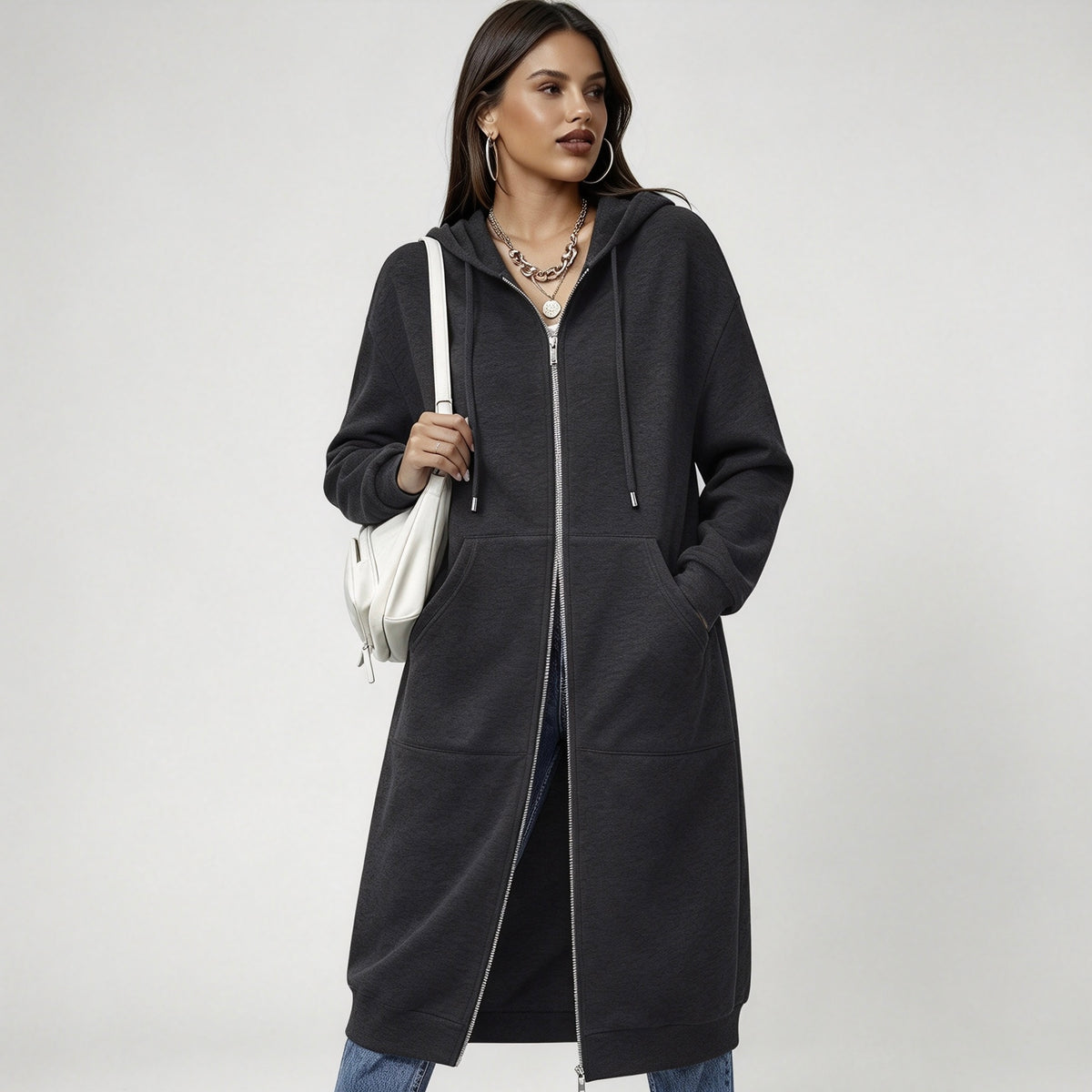 Women's Long Zip-Up Fleece Hoodie – Casual Oversized Full-Zip Outerwear with Pockets