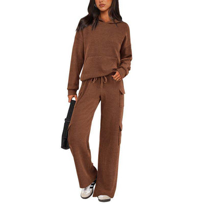 Women’s Soft Hooded Lounge Set with Wide-Leg Cargo Pants & Pockets