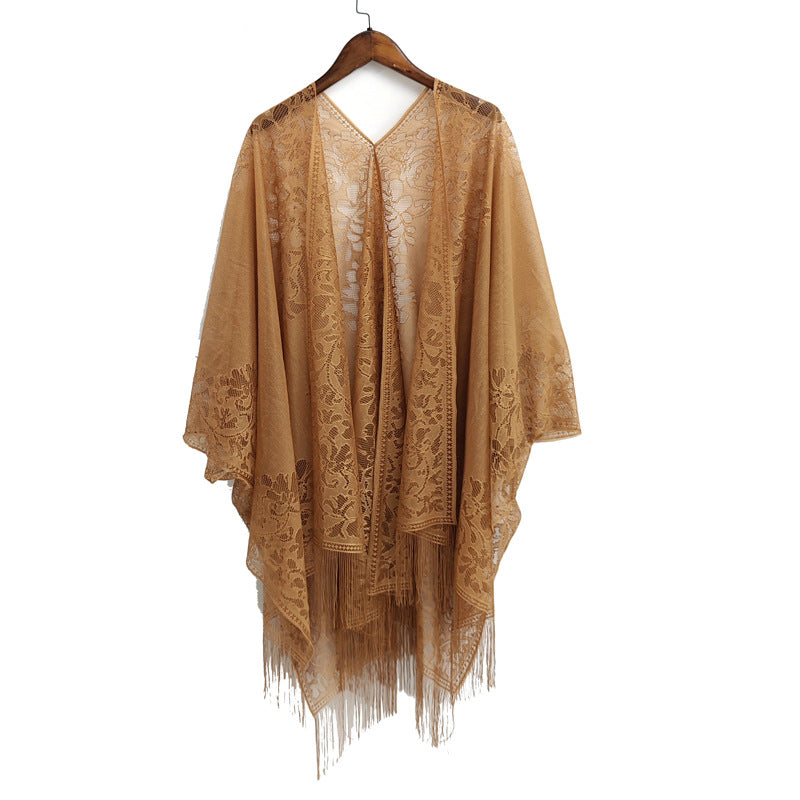 Elegant Floral Lace Kimono Wrap with Flowing Fringe | Evening & Wedding Shrug