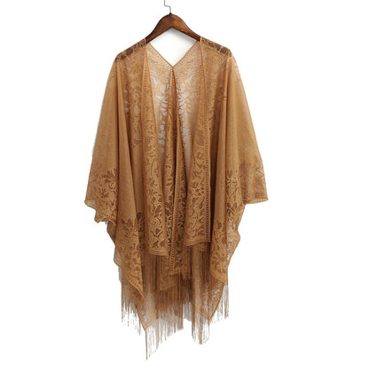 Elegant Floral Lace Kimono Wrap with Flowing Fringe | Evening & Wedding Shrug