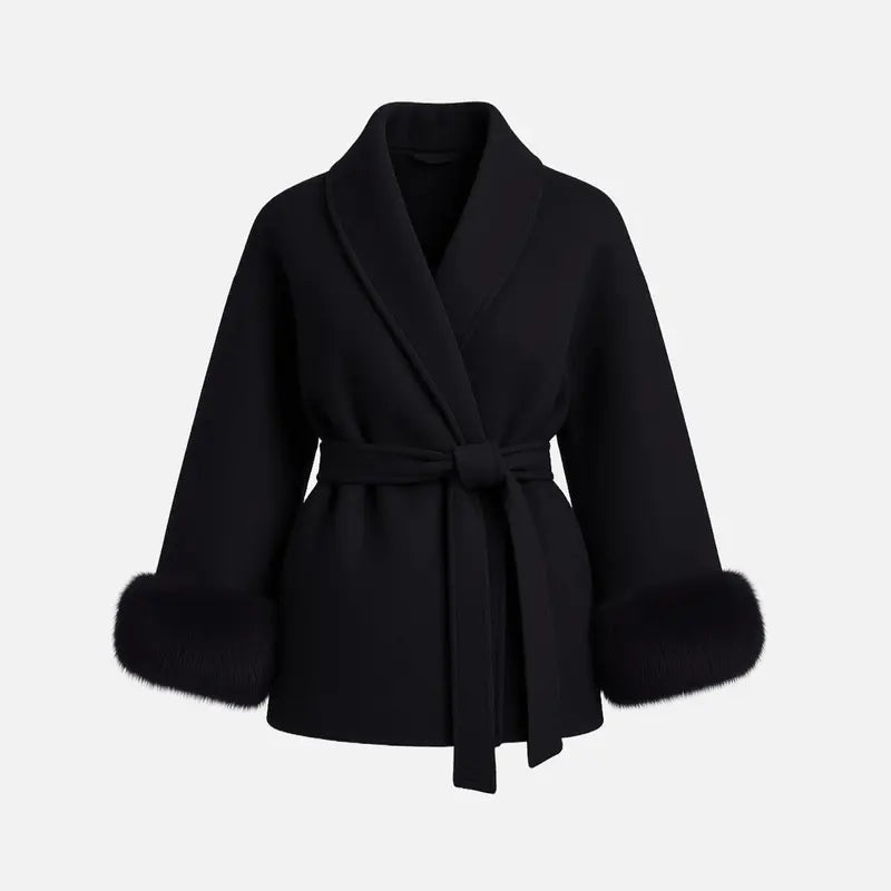 Women's Luxury Plush-Cuff Belted Wrap Coat | Elegant Fall & Winter Thermal Jacket
