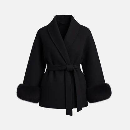 Women's Luxury Plush-Cuff Belted Wrap Coat | Elegant Fall & Winter Thermal Jacket