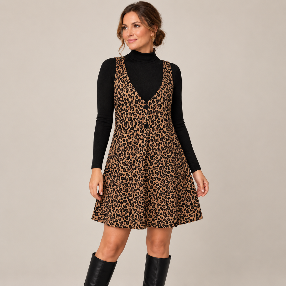 Women's Fall Leopard Print Two-Piece Layered Dress Set