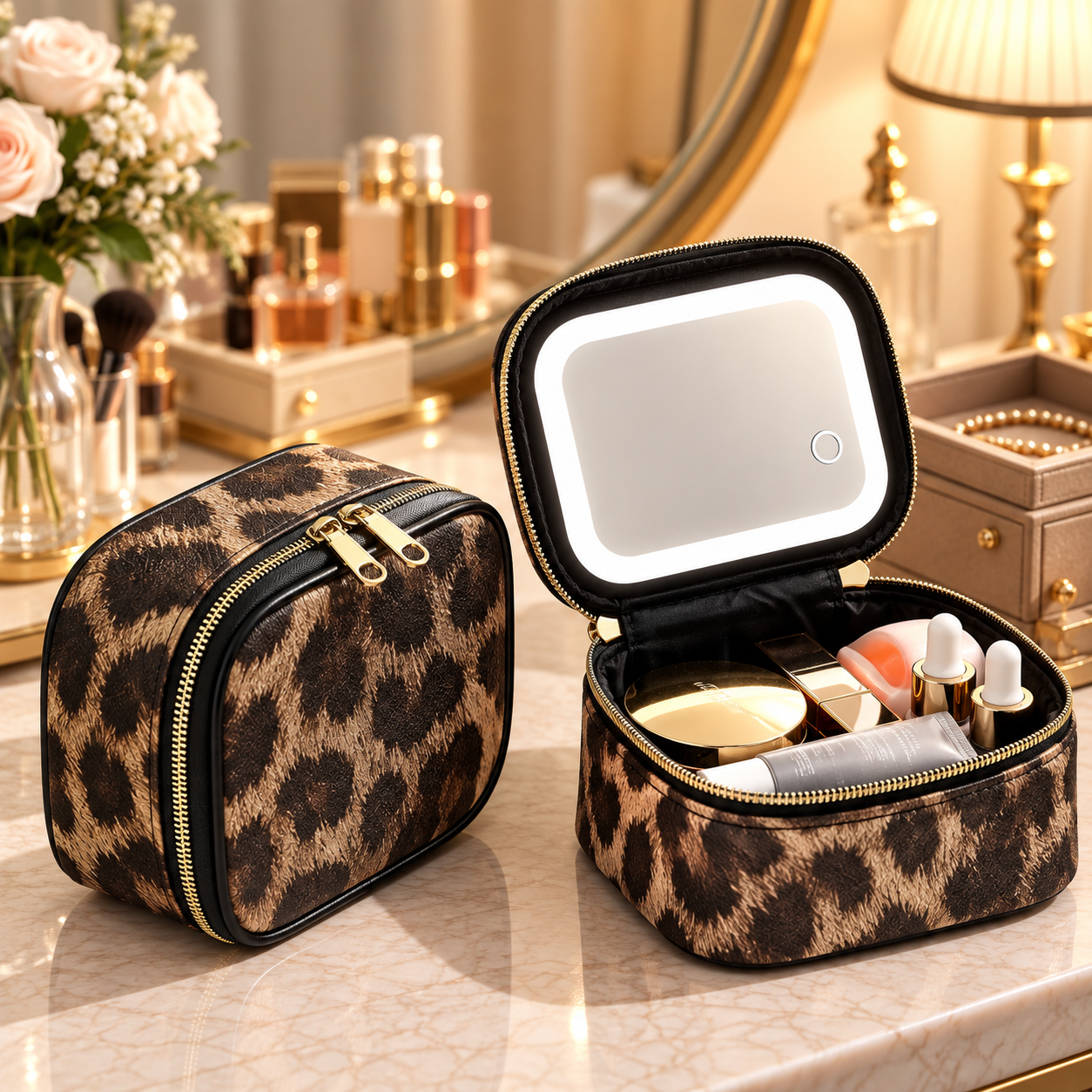 Portable Leopard Print Makeup Bag with Mirror and Light for Women