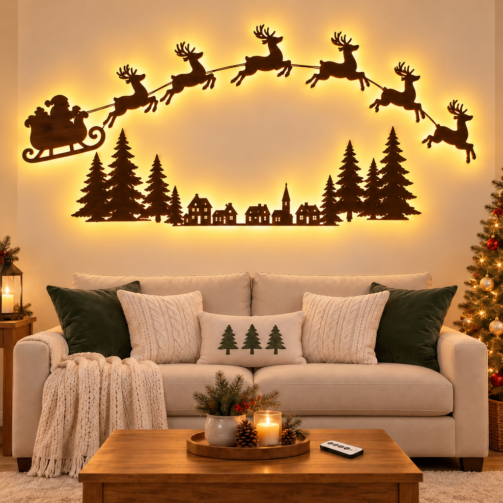 Santa & Reindeer Backlit Christmas Wall Decor for Living Room