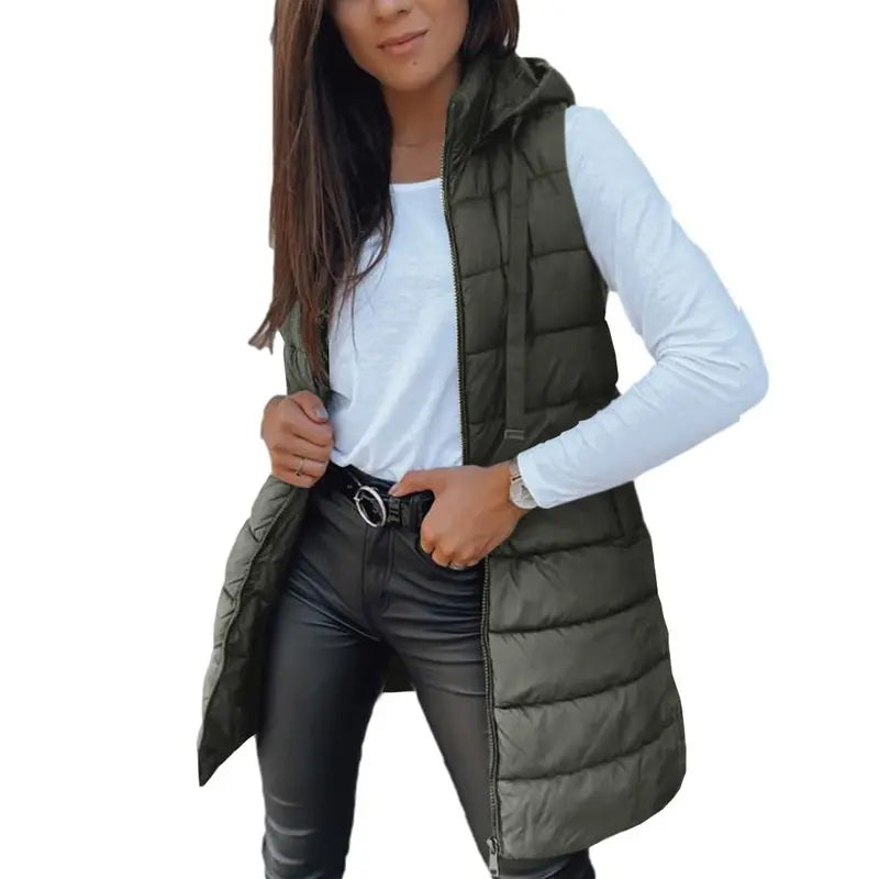 Hooded Long Puffer Vest Without the Bulk